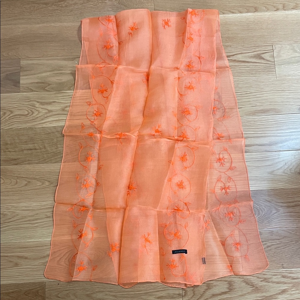 Delicate Orange Floral Embroidered Silk Scarf / Wrap